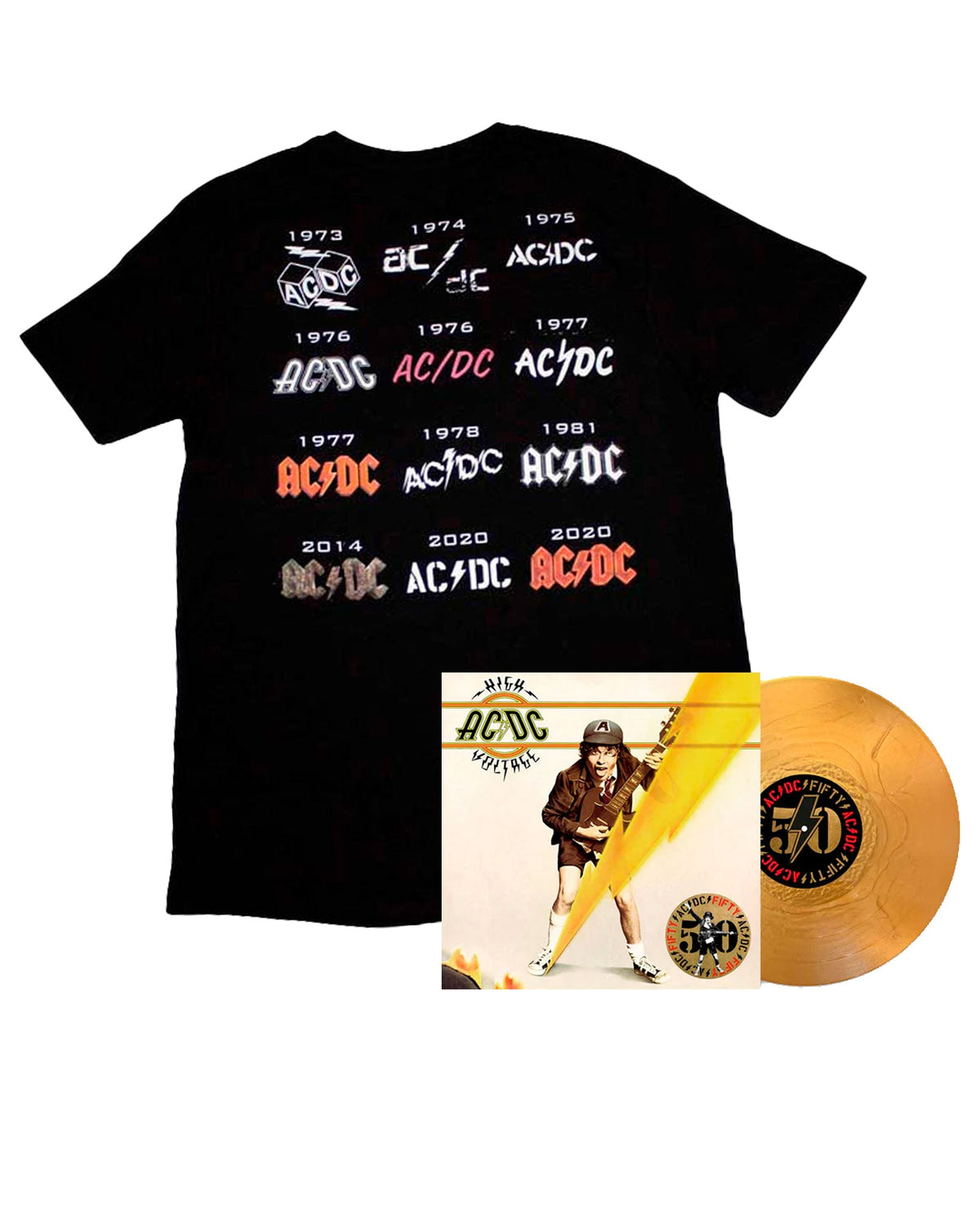 AC/DC - Pack LP Vinilo Dorado "High Voltage" Ed. 50 Aniversario + Camiseta "Logo History" - D2fy · Rocktud - Rocktud