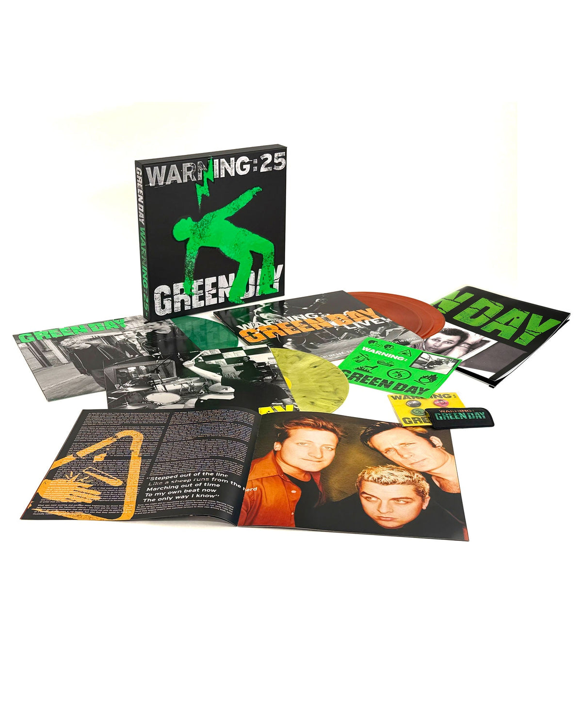Green Day - Box 5LP EDICIÓN COLOR VERDE,AMARILLO,NARANJA+LIBRETO+PARCHE+PÓSTER+BOTONES+PEGATINA "Warning (25th anniversary Deluxe edition)" - D2fy · Rocktud - Rocktud